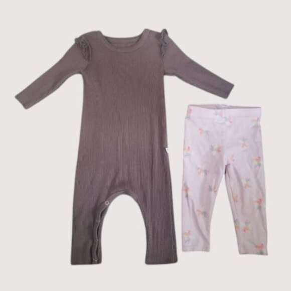 * PEEKABOO Brown Ribbed Jumpsuit CAT & JACK Pink Unicorn Leggings Girls 12 mos - Picture 1 of 6
